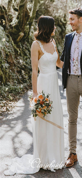 Straps Long A-line Chiffon Lace Country Wedding Dresses