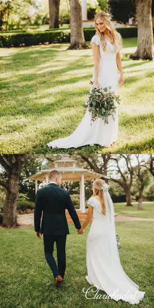 V-neck Rhinestone Beaded Long Sheath Ivory Wedding Dresses