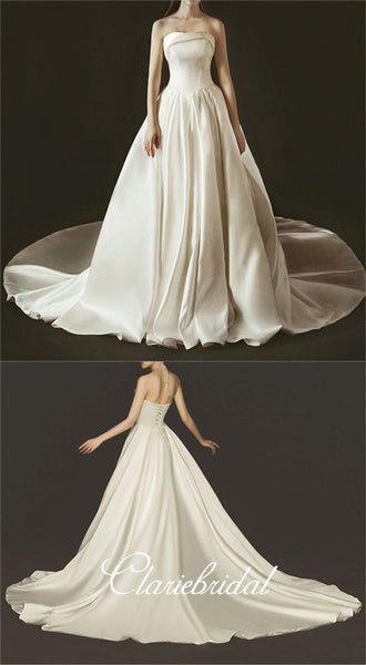 Strapless Ivory Satin Wedding Dresses, Long Wedding Dresses, Bridal Gown, Elegant Wedding Dresses
