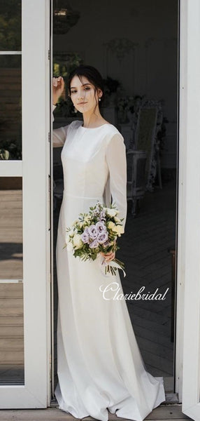 Long Sleeves Ivory Chiffon Satin Wedding Dresses, Country Wedding Dresses, Long Wedding Dresses