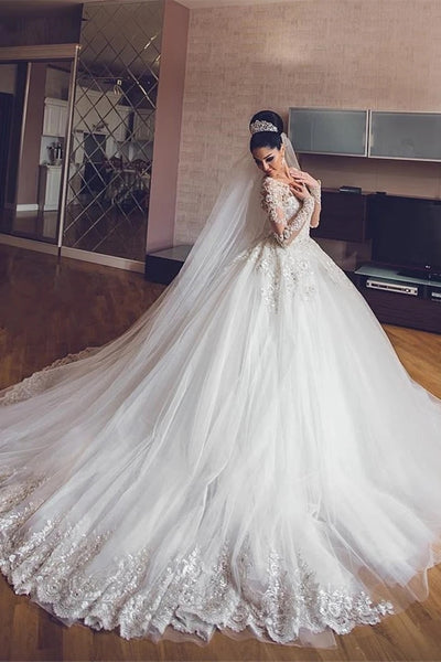 Long Sleeves Lace Beaded Wedding Gown, Tulle Bridal Gown, Luxury Long Wedding Dresses