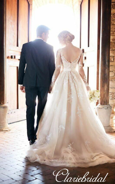 Long Sleeves V-neck Lace Tulle Country Wedding Dresses