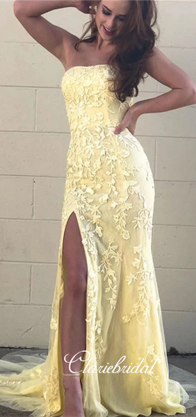 Strapless Long Mermaid Prom Dresses, Yellow Lace Tulle Prom Dresses, Side Slit Prom Dresses