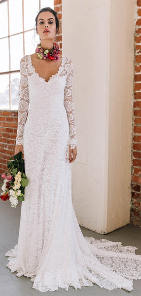 Ivory Lace Mermaid Wedding Dresses, Long Sleeves Wedding Dresses, Open Back Bridal Gown, Wedding Dresses