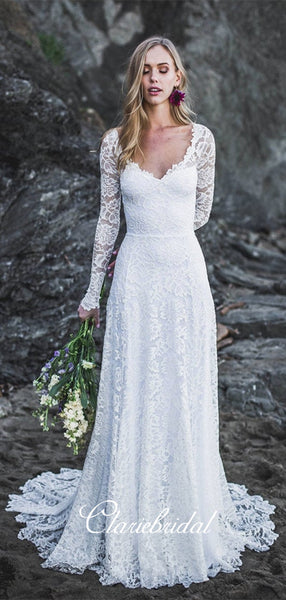 V-neck Long Sleeves Lace Wedding Dresses, Long Wedding Dresses, Beach Wedding Dresses