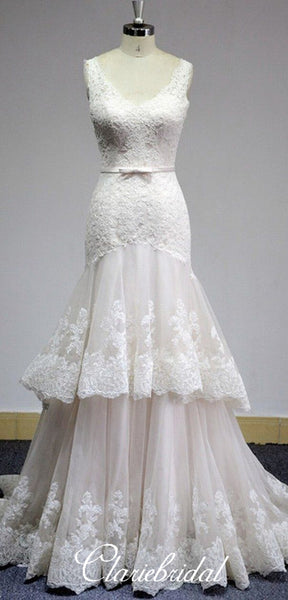 V-neck Long Mermaid Lace Tulle Elegant Wedding Dresses