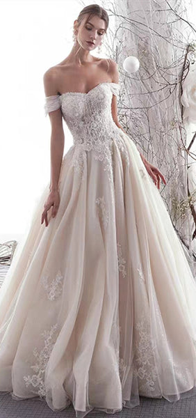 Off Shoulder A-line Lace Appliques Wedding Dresses, Lace Up Elegant Wedding Dresses