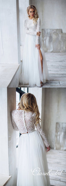 Long Sleeves Lace Top A-line Tulle Side Slit Wedding Dresses