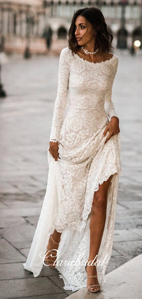 Ivory Long Sleeves Lace Wedding Dresses, A-line U-back Wedding Dresses, Country Wedding Dresses