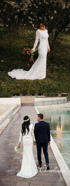 Long Sleeves Lace Mermaid Wedding Dresses, Bridal Gown