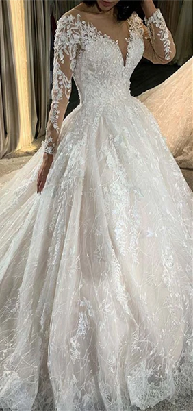 V-neck Long Sleeves Lace Tulle Wedding Dresses, Long Wedding Dresses, Elegant Long Wedding Dresses