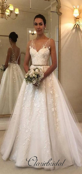 V-neck A-line Lace Tulle Wedding Dresses, Long Bridal Gown