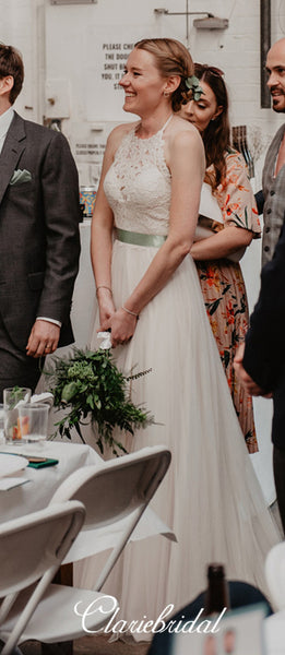 Halter Lace Top A-line Tulle Country Wedding Dresses With Satin Belt(Could Change Belt Color)