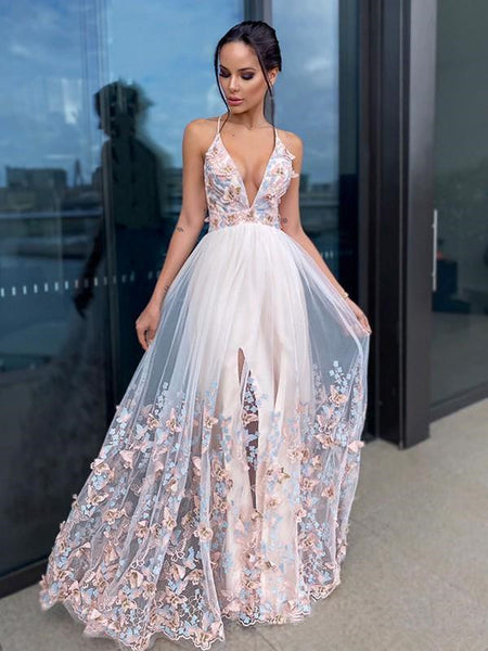 Deep V-neck Floral Long A-line Prom Dresses, Lovely Colorful Prom Dresses, 2021 Prom Dresses