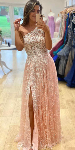 One Shoulder Long A-line Prom Dresses, Lace Prom Dresses, Cheap Prom Dresses, 2021 Prom Dresses