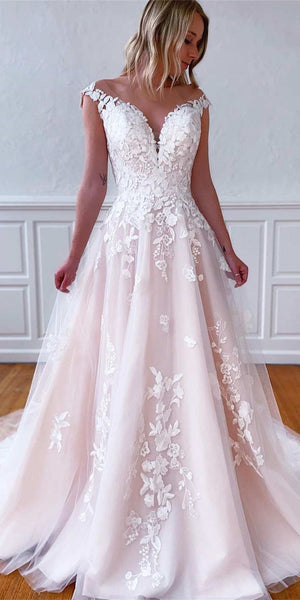 Off The Shoulder Blush Pink Lace Tulle Wedding Dresses, Long Bridal Gown, 2021 Wedding Dresses