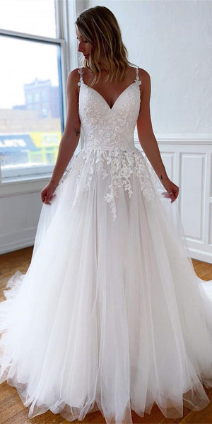 Spaghetti Lace Tulle A-line Wedding Dresses, Ivory Popular Bridal Gown, Wedding Dresses