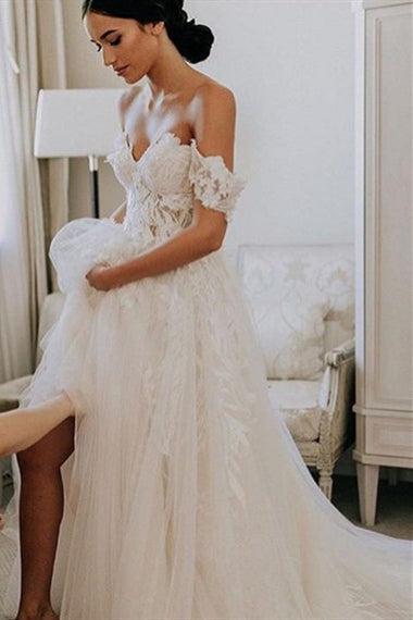 Off Shoulder Long A-line Side Slit Lace Wedding Dresses, Country Wedding Dresses, 2020 Wedding Dresses