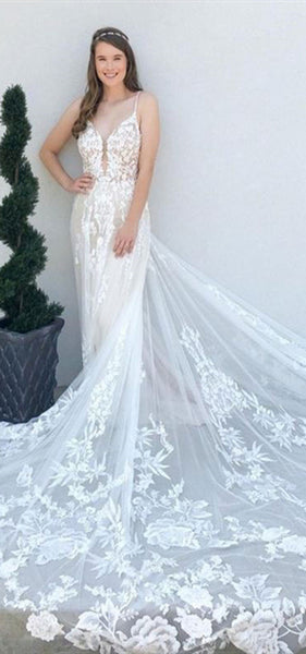 Spaghetti Long A-line Lace Wedding Dresses, Elegant Wedding Dresses, Newest Wedding Dresses