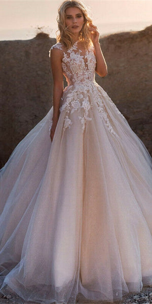 Sleeveless Lace Tulle Blush Champagne Wedding Dresses, Gorgeous 2020 Wedding Dresses, Bridal Gown