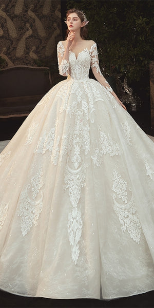 Long Sleeves Lace Tulle Wedding Dresses, Ball Gown Wedding Dresses, Newest Luxury Wedding Dresses