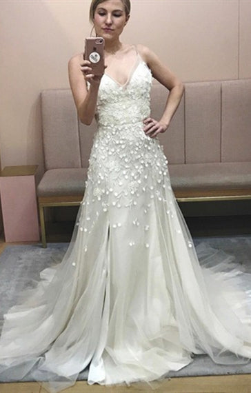 Spagetti Long A-line Lace Appliques Wedding Dresses, Side Slit Wedding Dresses, 2020 Wedding Dresses