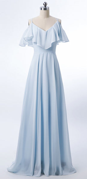 V-neck Off Shoulder Light Blue Bridesmaid Dresses, Chiffon A-line Bridesmaid Dresses, Long Bridesmaid Dresses