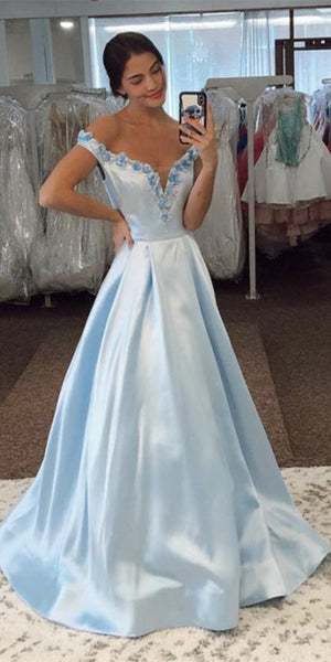 Off the Shoulder Light Blue Satin Prom Dresses, A-line Prom Dresses, 2021 Prom Dresses, Cheap Prom Dresses, Popular Prom Dresses