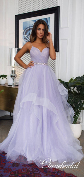 Spaghetti Long A-line Lilac Tulle Wedding Dresses, Backless Bridal Gown