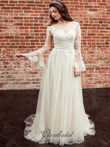 Long Lace Sleeves Bride Dresses with See-through Neckline，Wedding Dresses