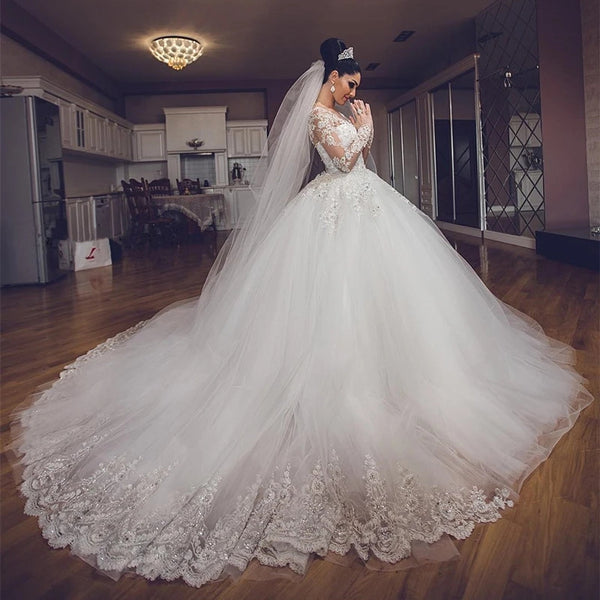 Long Sleeves Lace Beaded Wedding Gown, Tulle Bridal Gown, Luxury Long Wedding Dresses