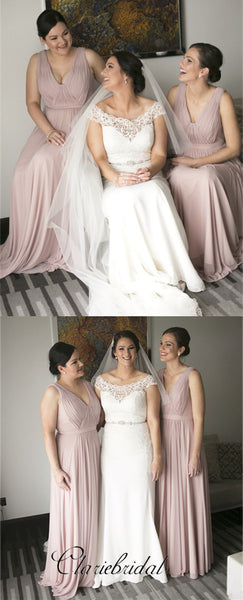 Newest V-neck A-line Chiffon Bridesmaid Dresses, Long Bridesmaid Dresses