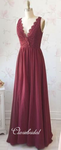 V-neck Lace Top A-line Chiffon Long Bridesmaid Dresses