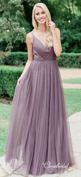 Elegant Long A-line Dusty Purple Tulle Bridesmaid Dresses