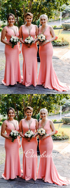 Peach Mermaid Long Bridesmaid Dresses, Jersey Bridesmaid Dresses