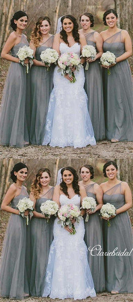 One Shoulder Long A-line Grey Tulle Bridesmaid Dresses