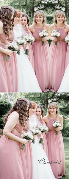 Dusty Rose A-line Beaded Chiffon Long Bridesmaid Dresses