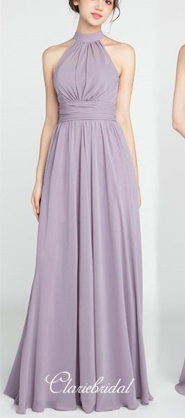 Halter A-line Purple Chiffon Long Bridesmaid Dresses