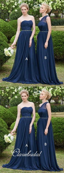 Mismatched Navy Chiffon Beaded Long Bridesmaid Dresses