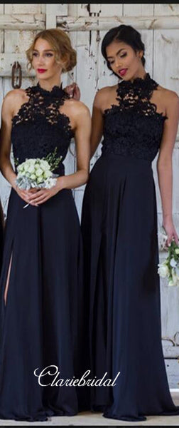 Halter Lace Top Navy Chiffon Long Side Slit Bridesmaid Dresses