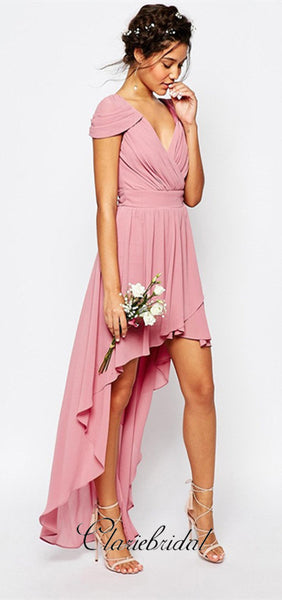 Cap Sleeve Hi-low Chiffon Long Bridesmaid Dresses