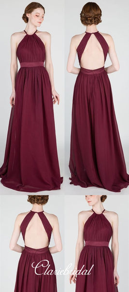 Halter Burgundy Chiffon Long A-line Bridesmaid Dresses