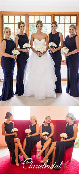 Sleeveless Navy Sheath Jersey Long Bridesmaid Dresses