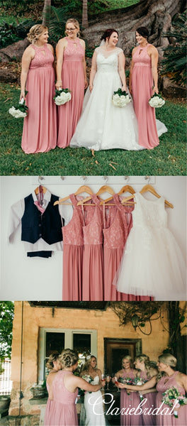 Pink Lace Top Chiffon Bridesmaid Dresses, Affordable Bridesmaid Dresses