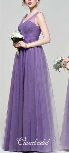 V-neck Purple Tulle A-line Long Bridesmaid Dresses