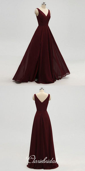 Simple V-neck Maroon Chiffon Long A-line Bridesmaid Dresses