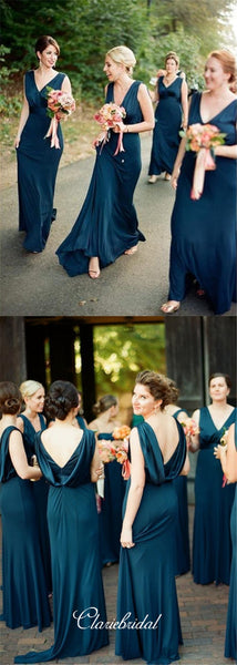 V-neck Sheath Dark Teal Long Bridesmaid Dresses