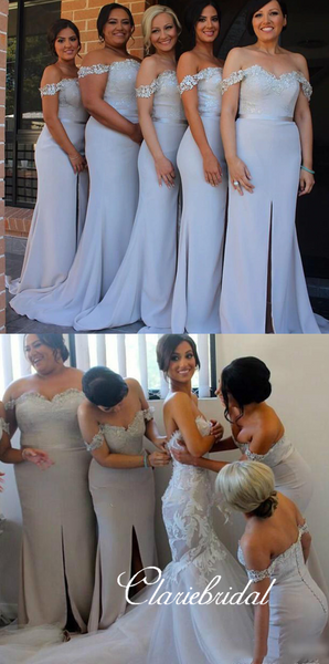 Off Shoulder Light Grey Lace Jersey Long Bridesmaid Dresses