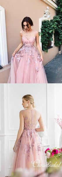 Pink Tulle Lace Long Homecoming Dresses, Prom Dresses, Newest Prom Dresses