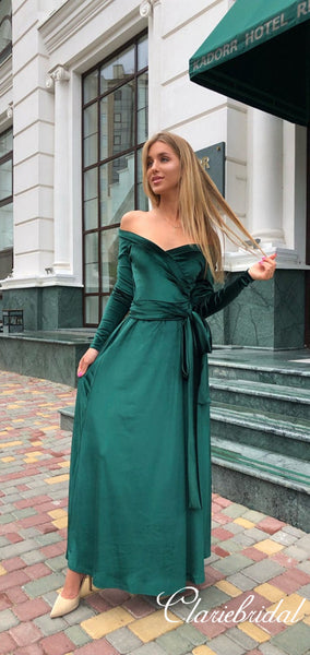 Long Sleeves Green Velvet Long Homecoming Dresses, Prom Dresses